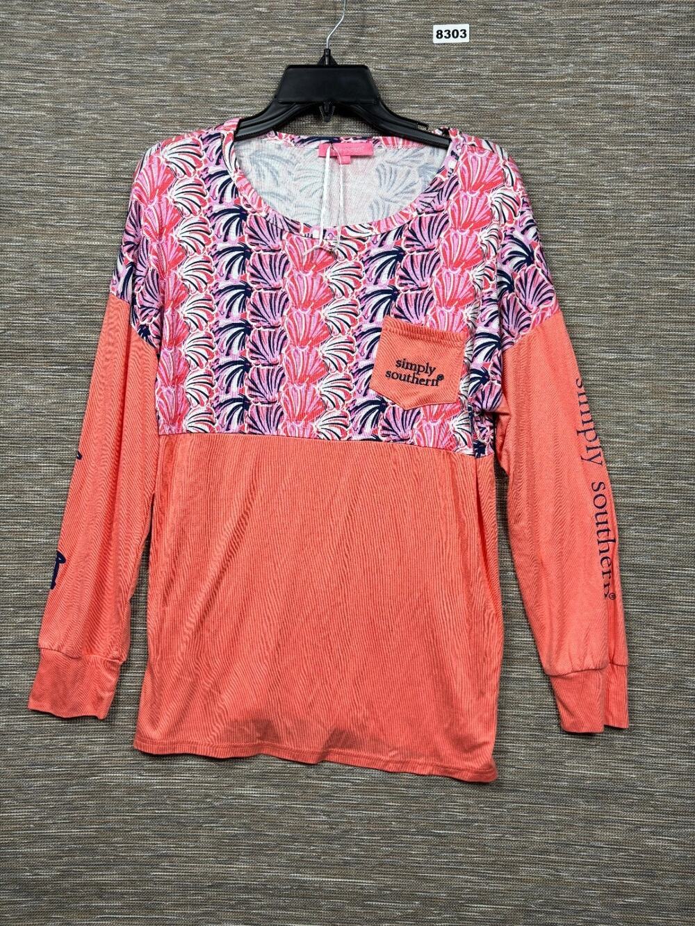 Simply Southern Scallop Shell Jersey Long Sleeve Top Womens Size S Orange Pink